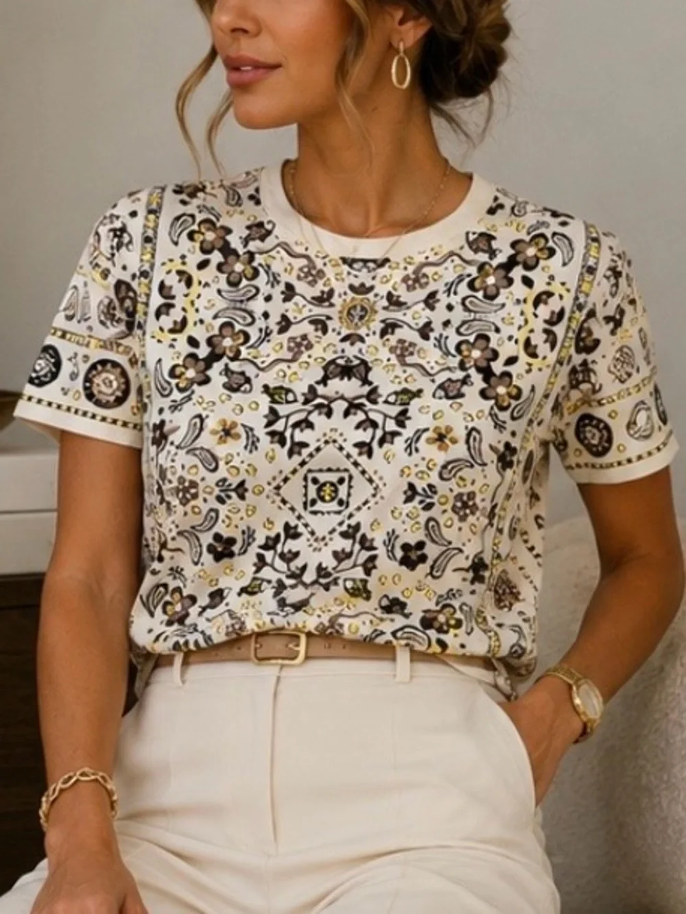 Tory Burch Pisces Cream Bandana-Print Short Sleeve Tee . M